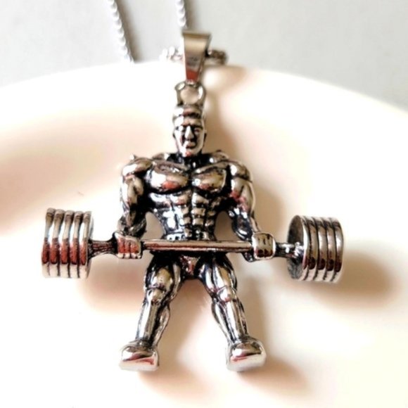 Weightlifter Bodybuilder Necklace Stainless Steel Silver Color 22" New - Picture 5 of 14